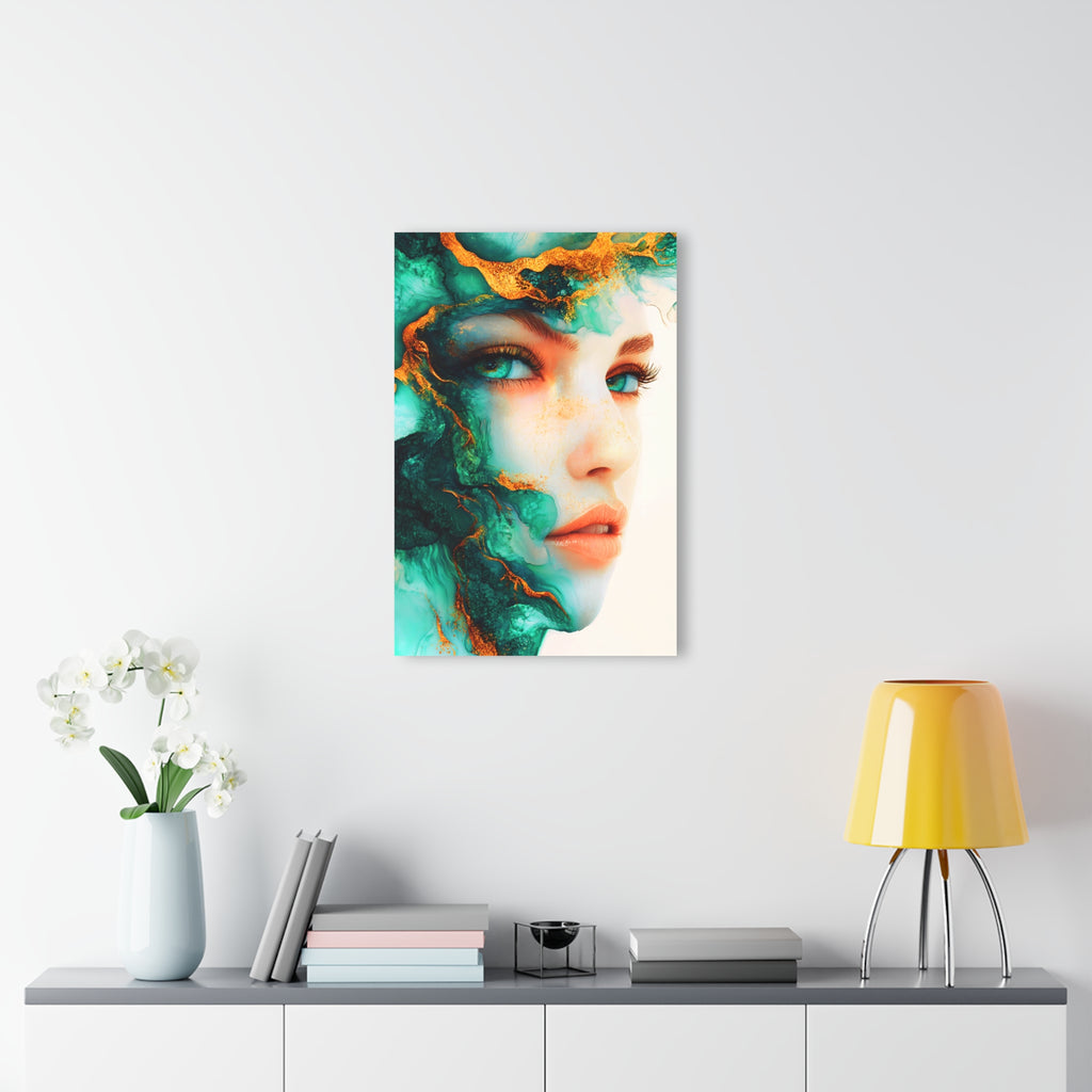 Acrylic Print — Turquoise Portrait Art with Gold Veins (French Cleat Hanging)