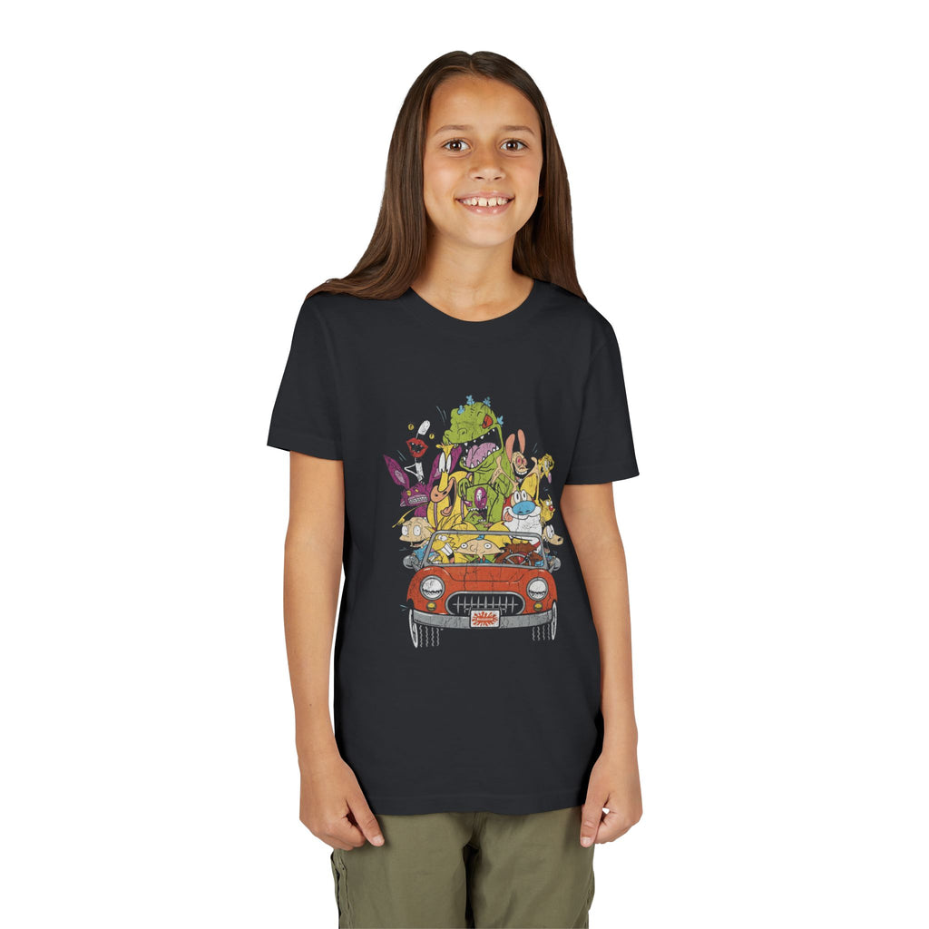Kids Cartoon Road Trip Tee — Colorful Animal Crew Driving Graphic Youth Shirt