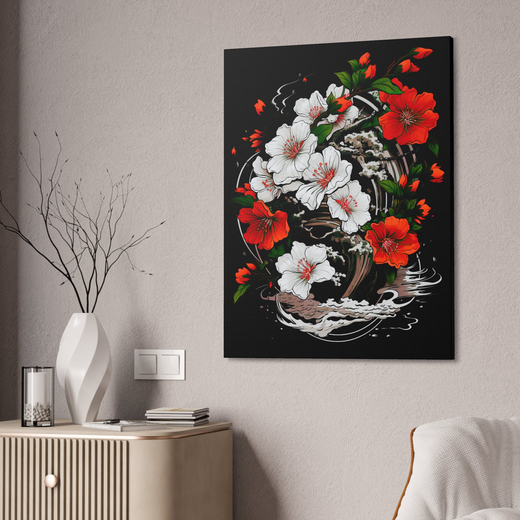 Floral Yin-Yang Canvas Print — Red & White Blossoms Stretched Wall Art