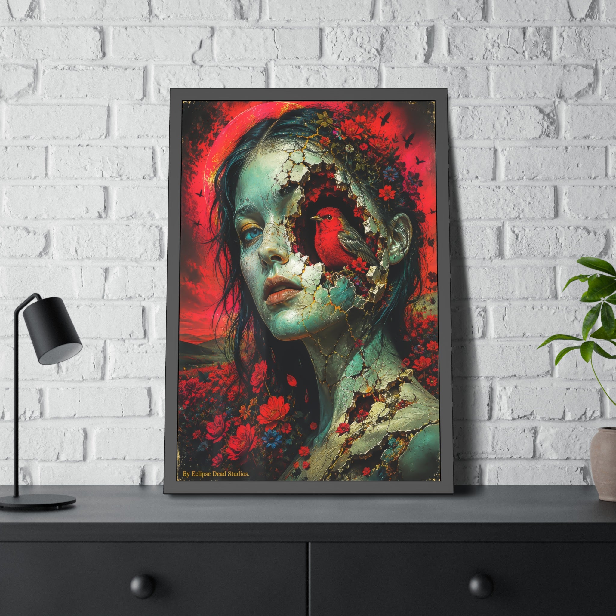 Framed Art Poster — Surreal Floral Portrait with Crimson Cardinal