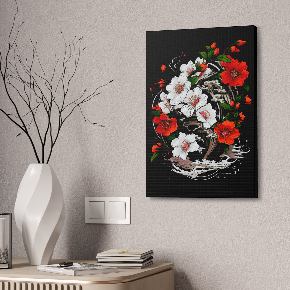 Floral Yin-Yang Canvas Print — Red & White Blossoms Stretched Wall Art