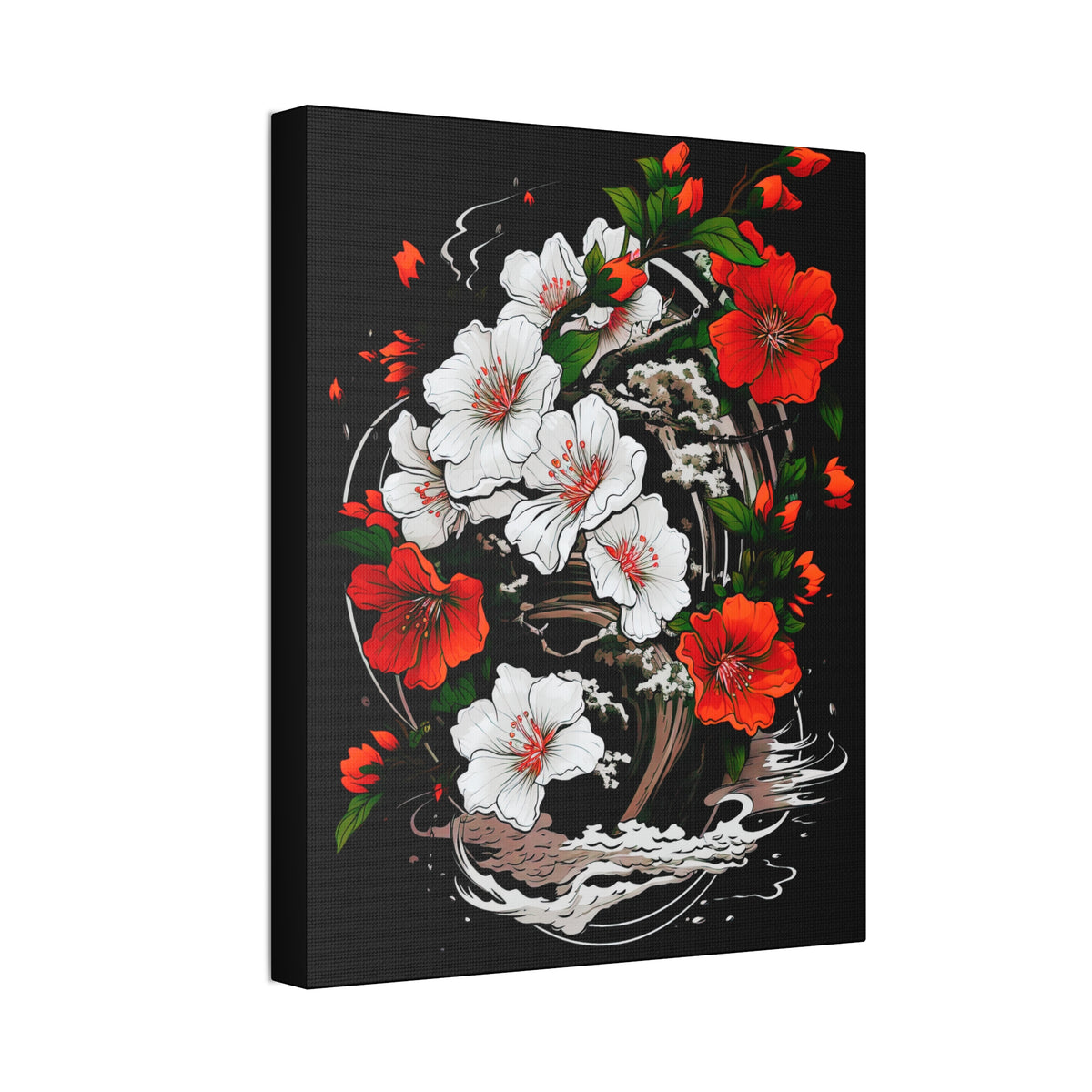 Floral Yin-Yang Canvas Print — Red & White Blossoms Stretched Wall Art