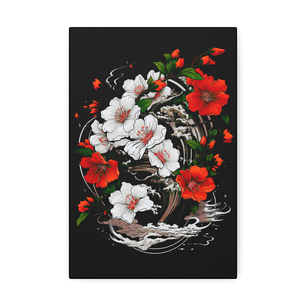 Floral Yin-Yang Canvas Print — Red & White Blossoms Stretched Wall Art