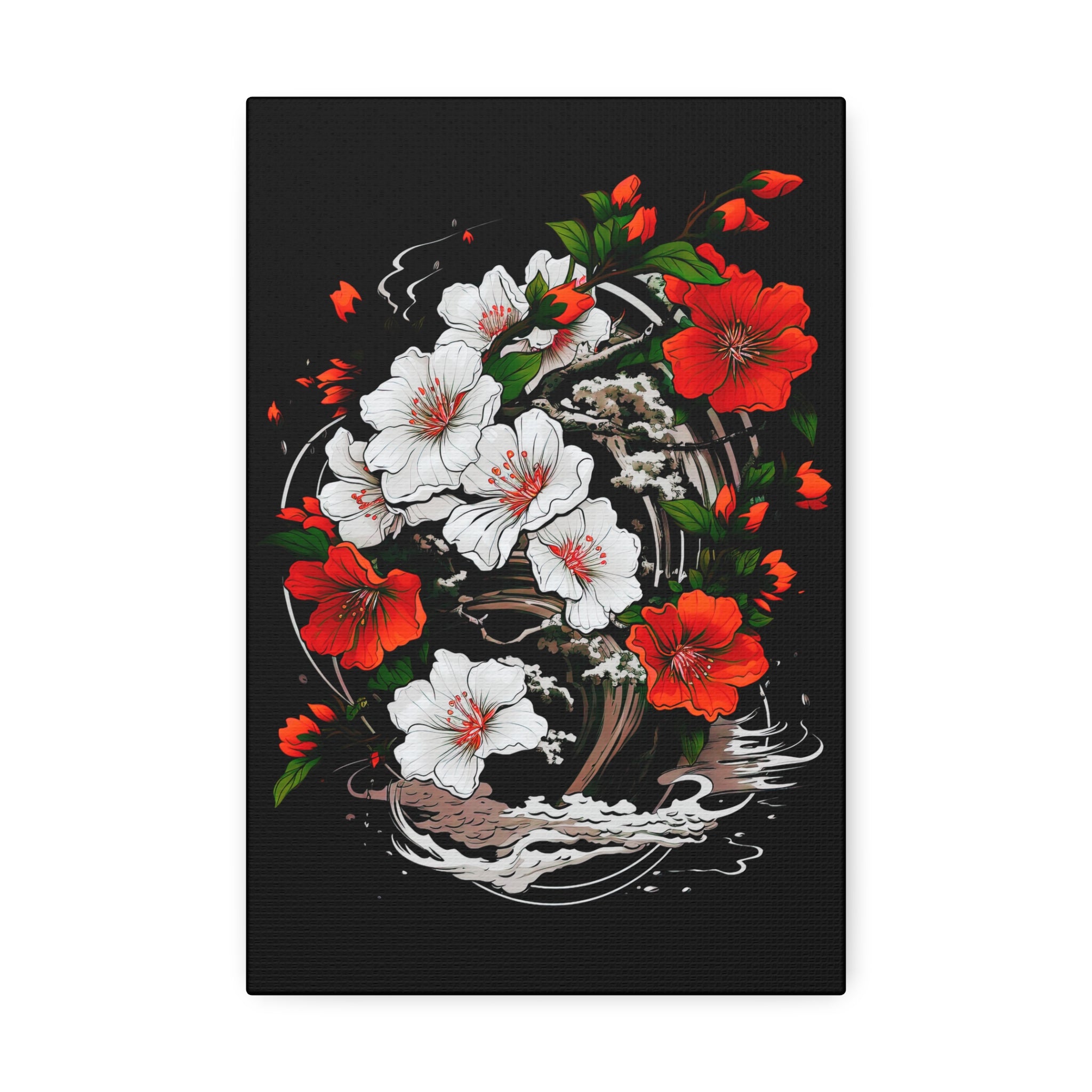 Floral Yin-Yang Canvas Print — Red & White Blossoms Stretched Wall Art