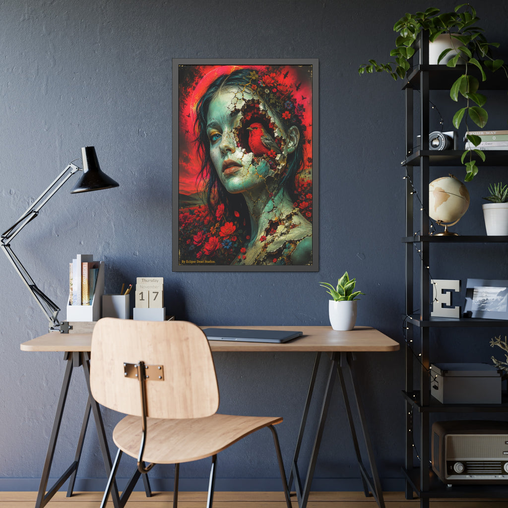 Framed Art Poster — Surreal Floral Portrait with Crimson Cardinal