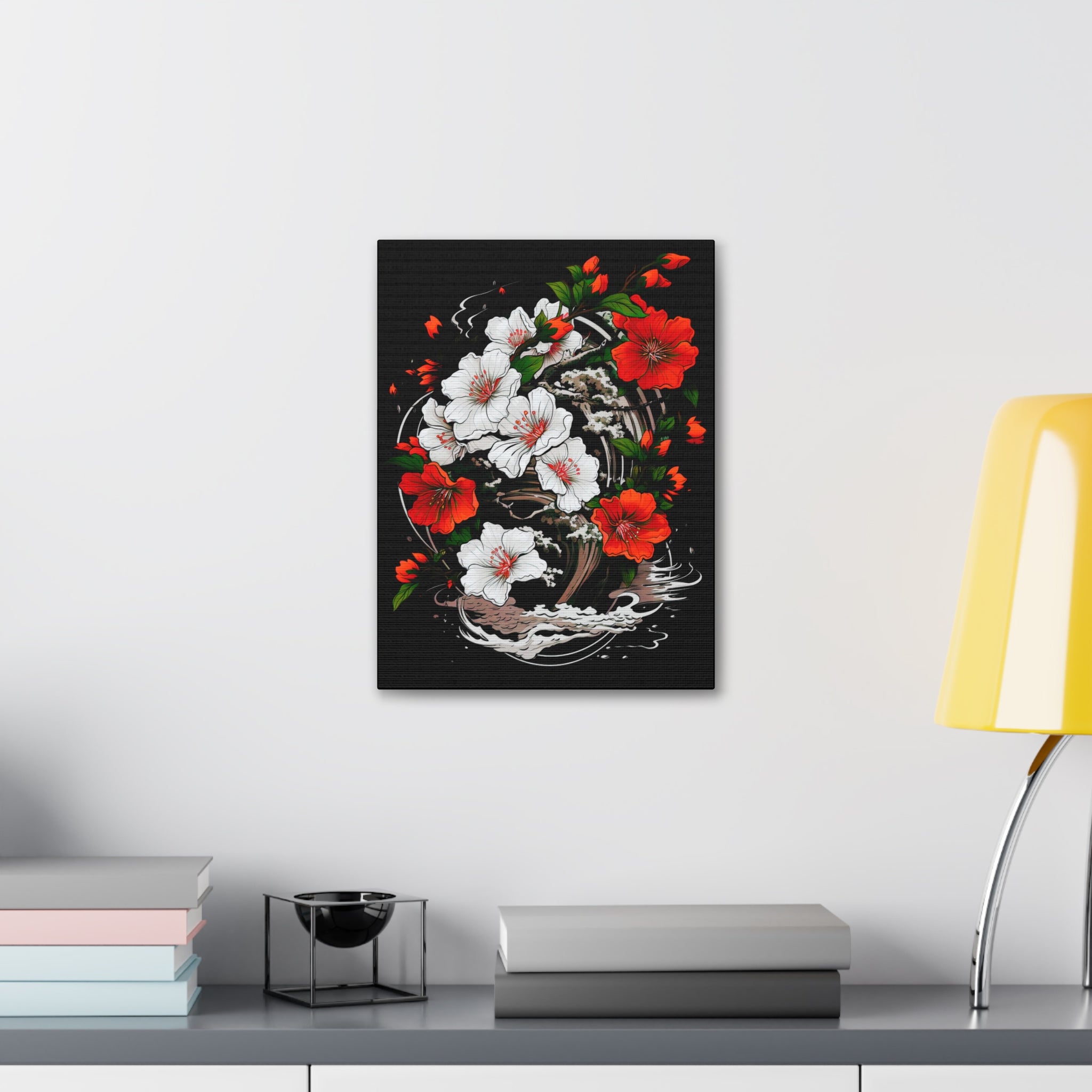 Floral Yin-Yang Canvas Print — Red & White Blossoms Stretched Wall Art