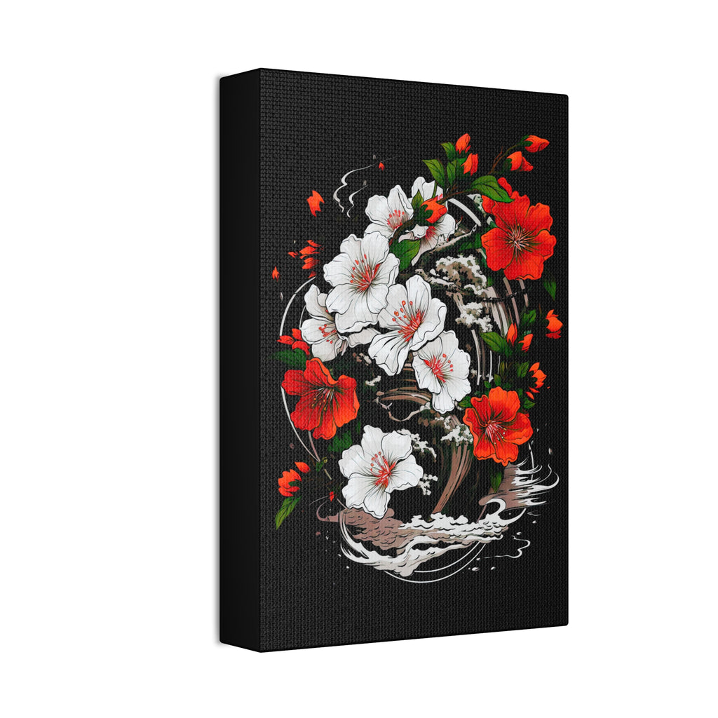 Floral Yin-Yang Canvas Print — Red & White Blossoms Stretched Wall Art