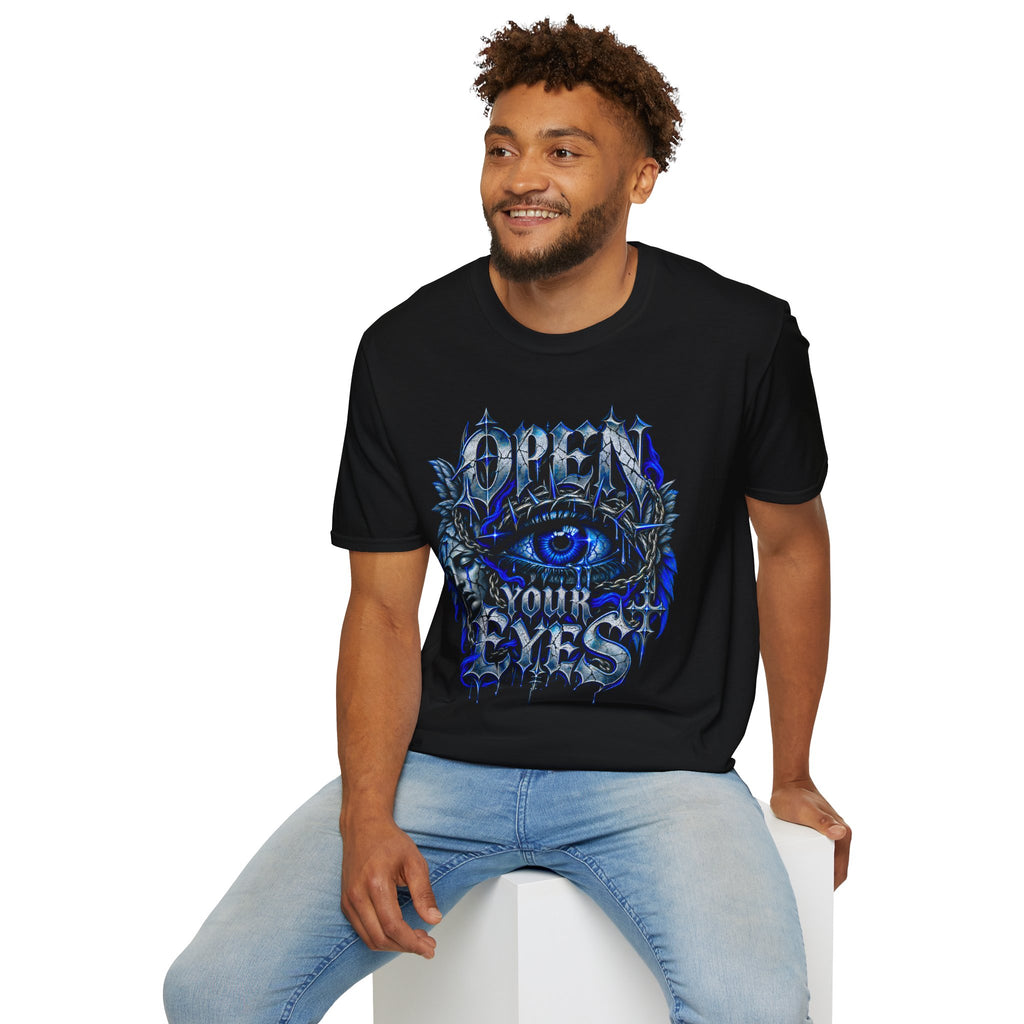 Graphic T-Shirt — "Open Your Eyes" Blue Eye Gothic Design