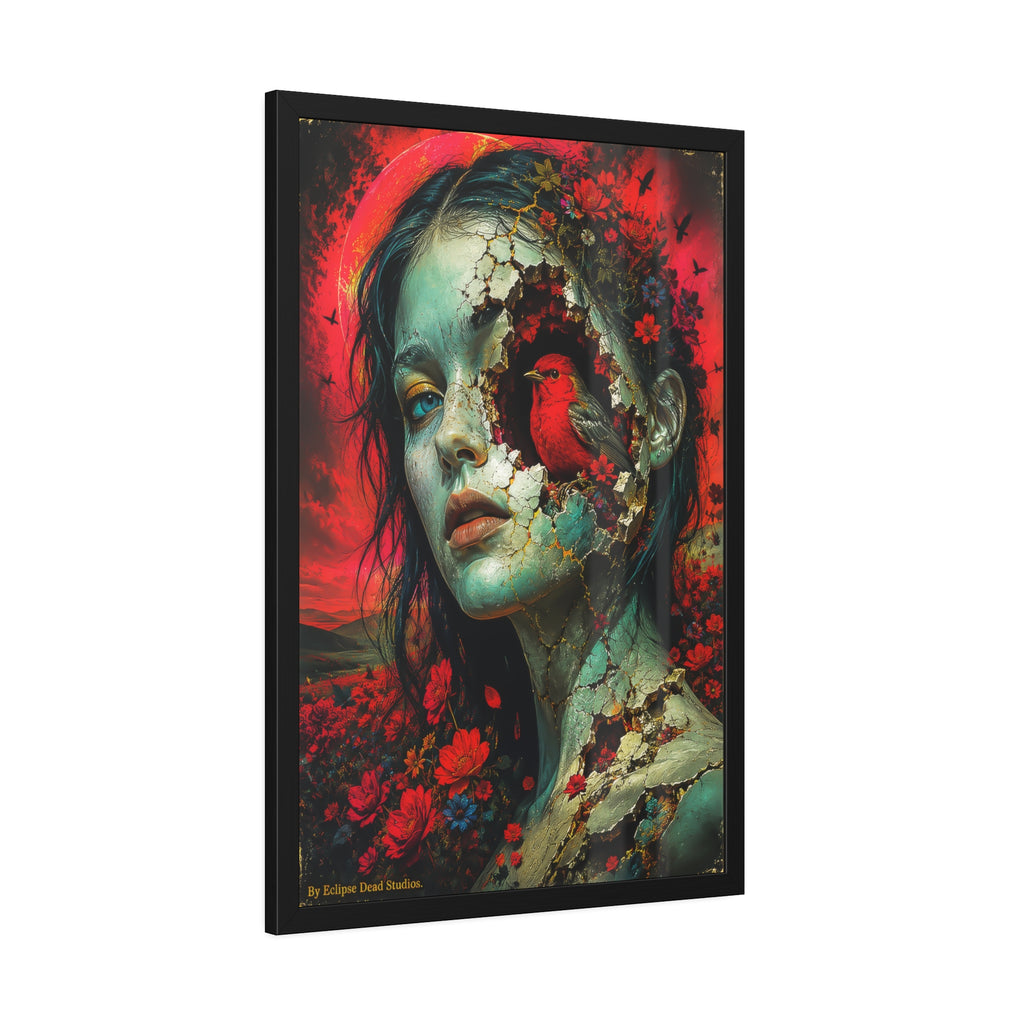 Framed Art Poster — Surreal Floral Portrait with Crimson Cardinal
