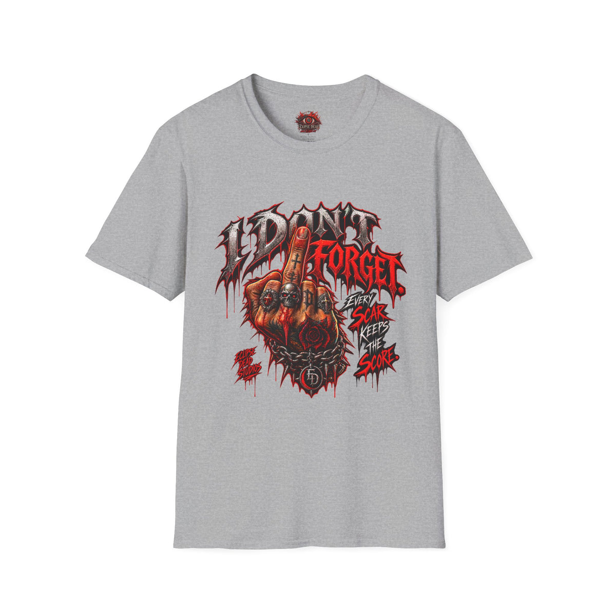 I Don't Forget Graphic T-Shirt — Gothic Middle Finger Skull Design