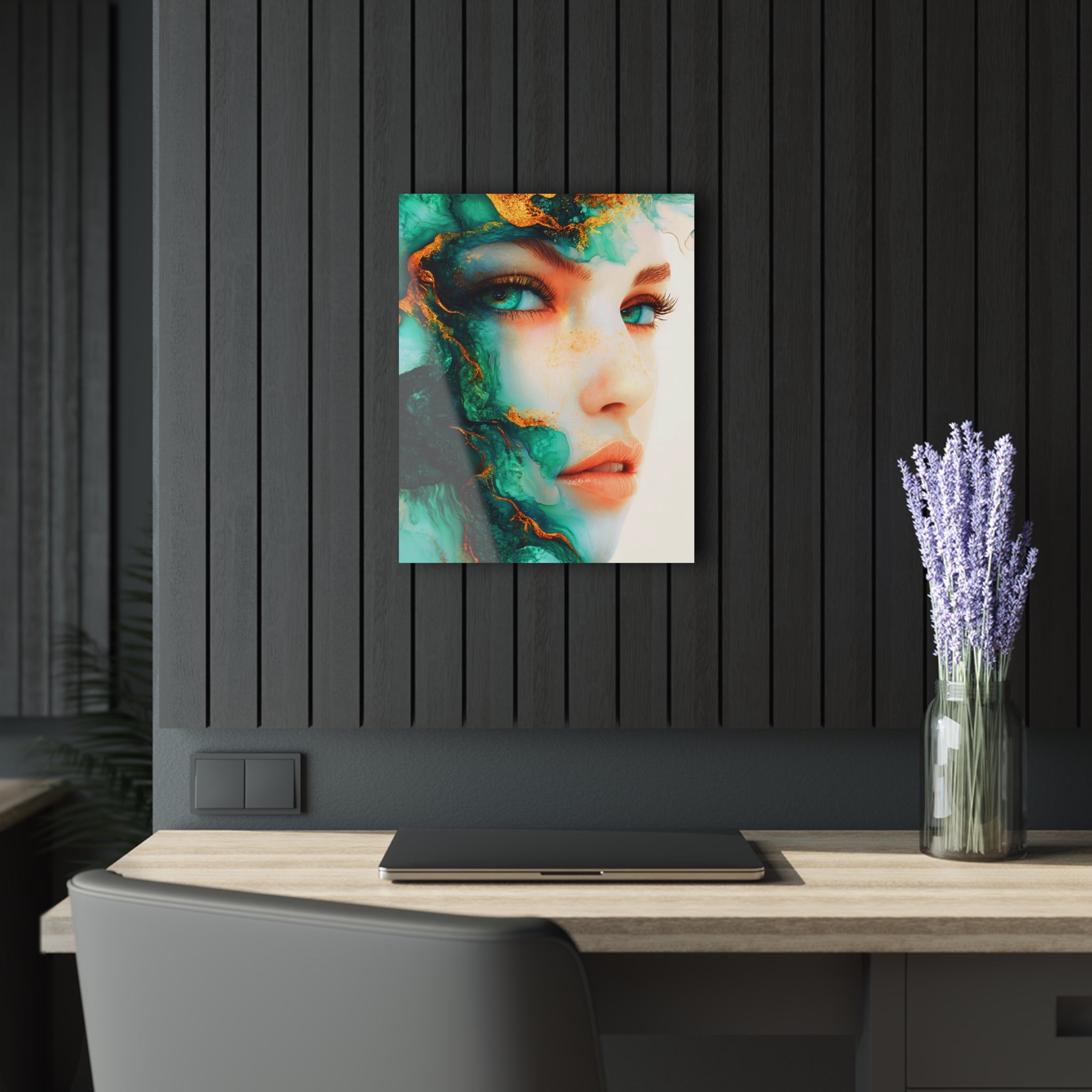 Acrylic Print — Turquoise Portrait Art with Gold Veins (French Cleat Hanging)