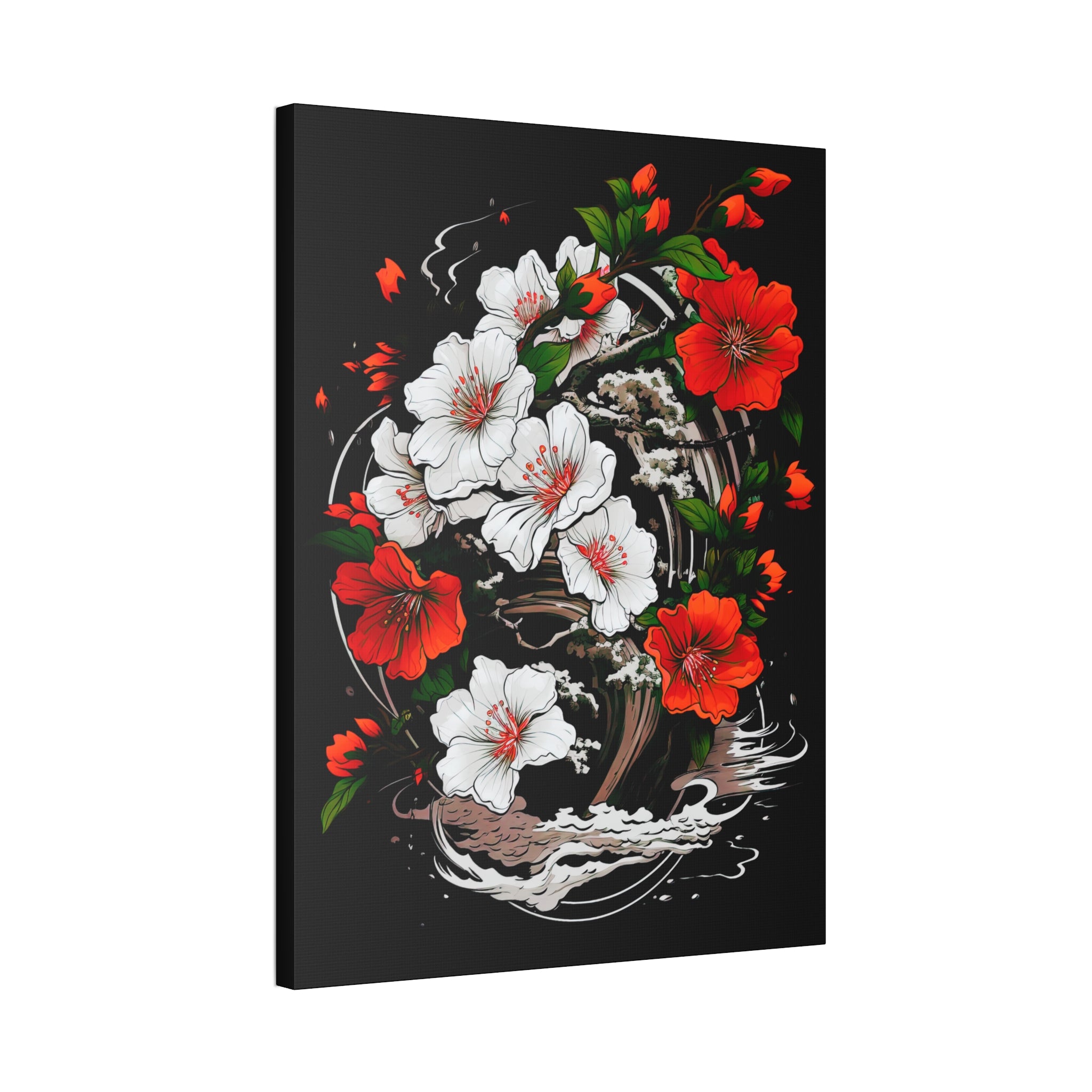 Floral Yin-Yang Canvas Print — Red & White Blossoms Stretched Wall Art