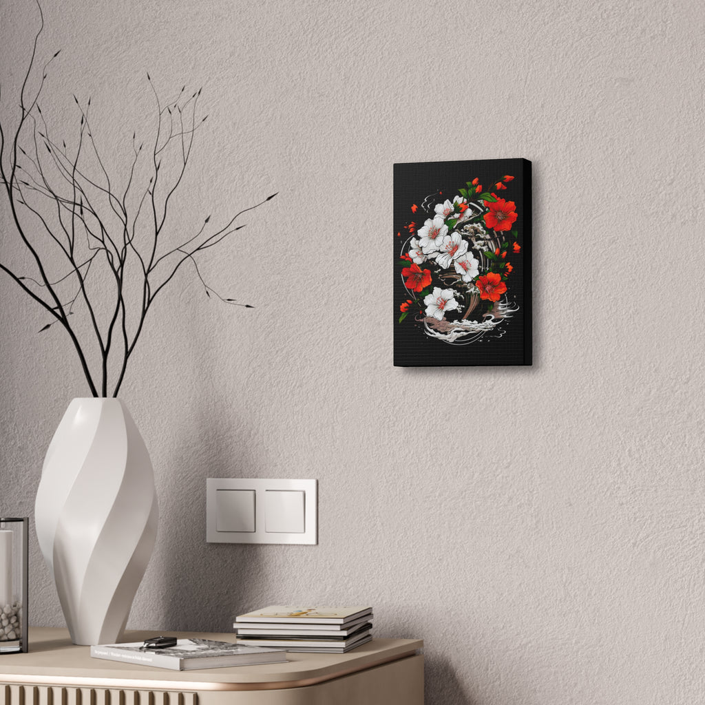 Floral Yin-Yang Canvas Print — Red & White Blossoms Stretched Wall Art