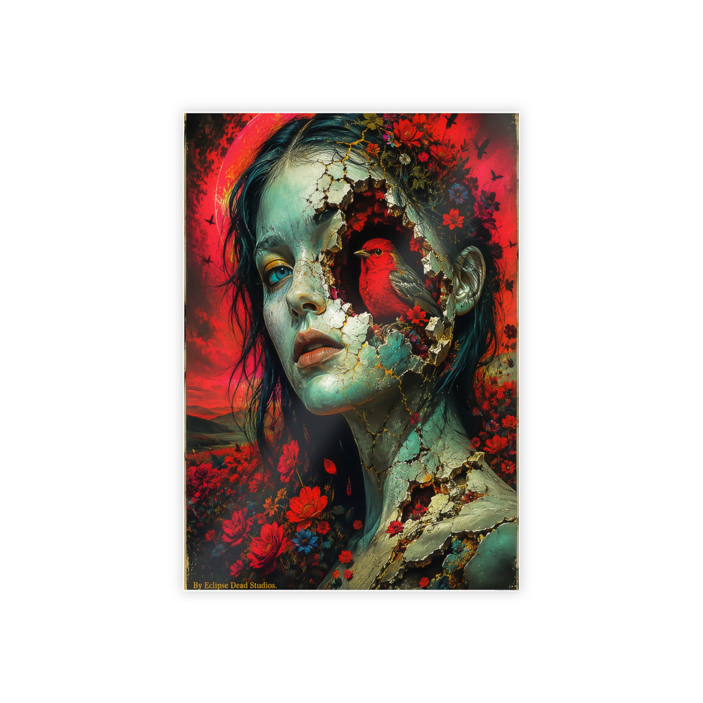 Surreal Floral Portrait Gloss Poster — Cracked Face & Cardinal Art Print
