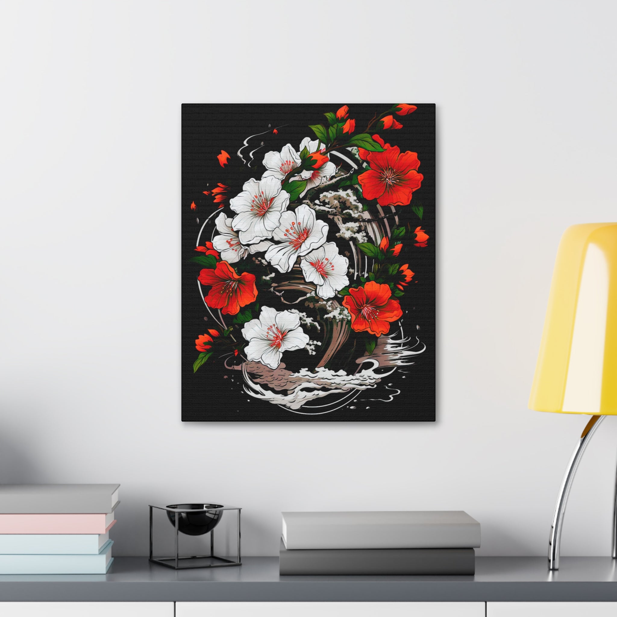 Floral Yin-Yang Canvas Print — Red & White Blossoms Stretched Wall Art