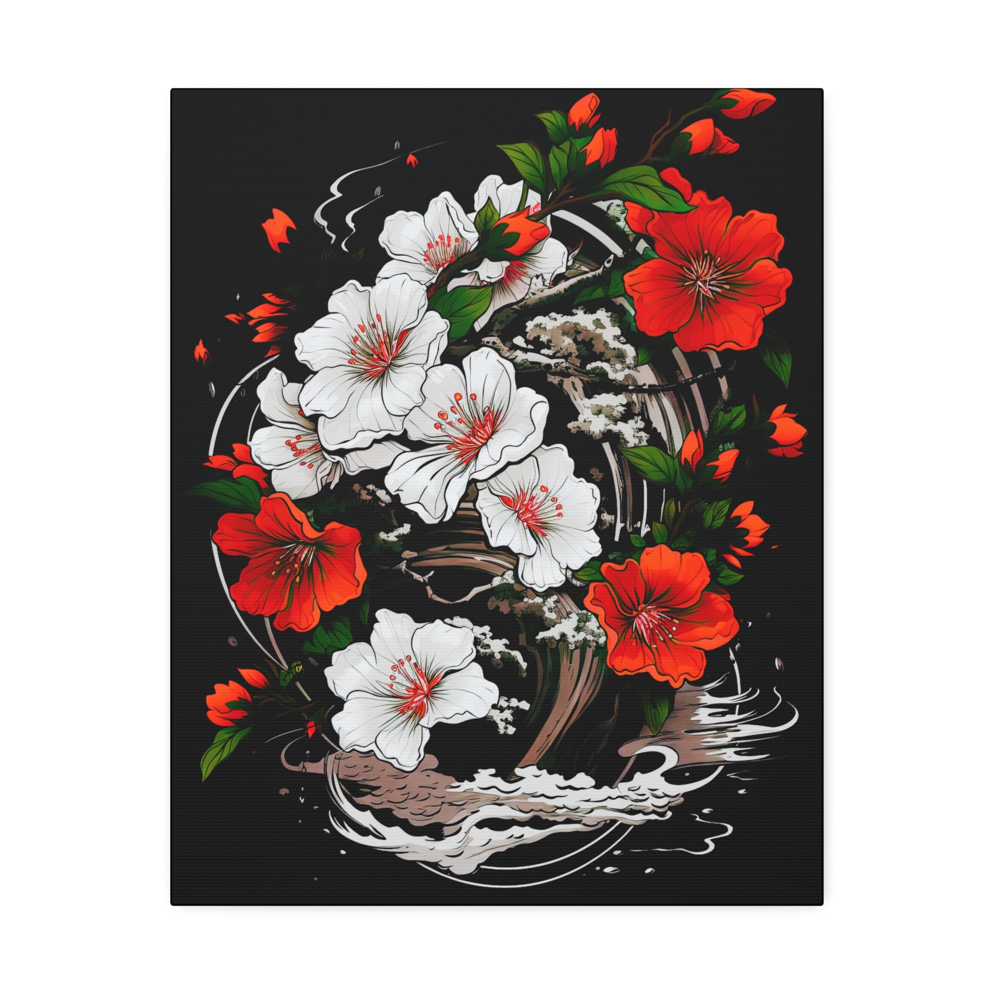 Floral Yin-Yang Canvas Print — Red & White Blossoms Stretched Wall Art