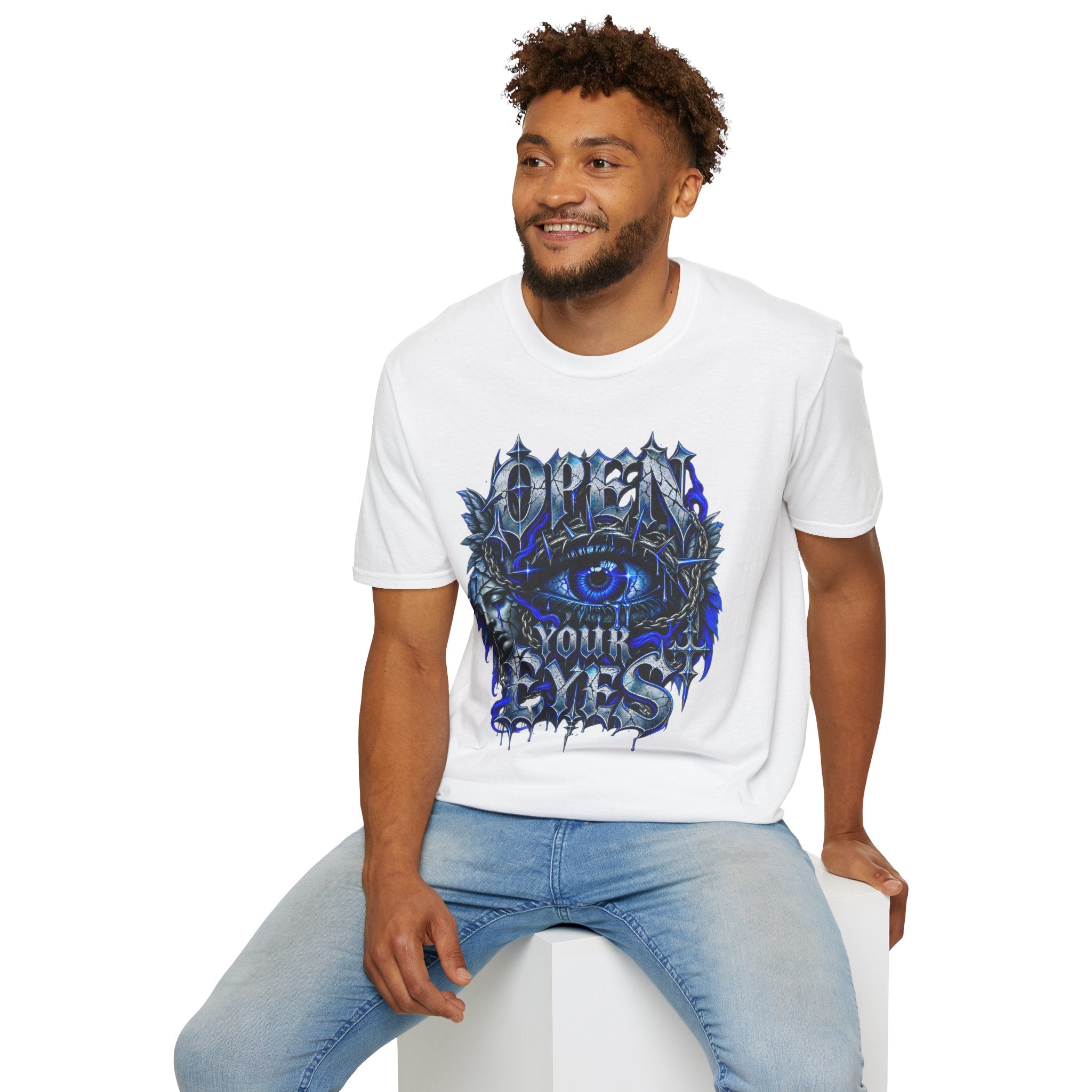 Graphic T-Shirt — "Open Your Eyes" Blue Eye Gothic Design