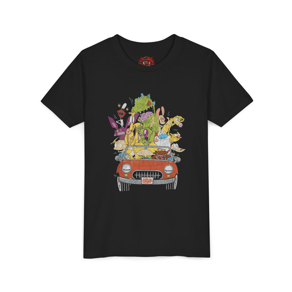 Kids Cartoon Road Trip Tee — Colorful Animal Crew Driving Graphic Youth Shirt