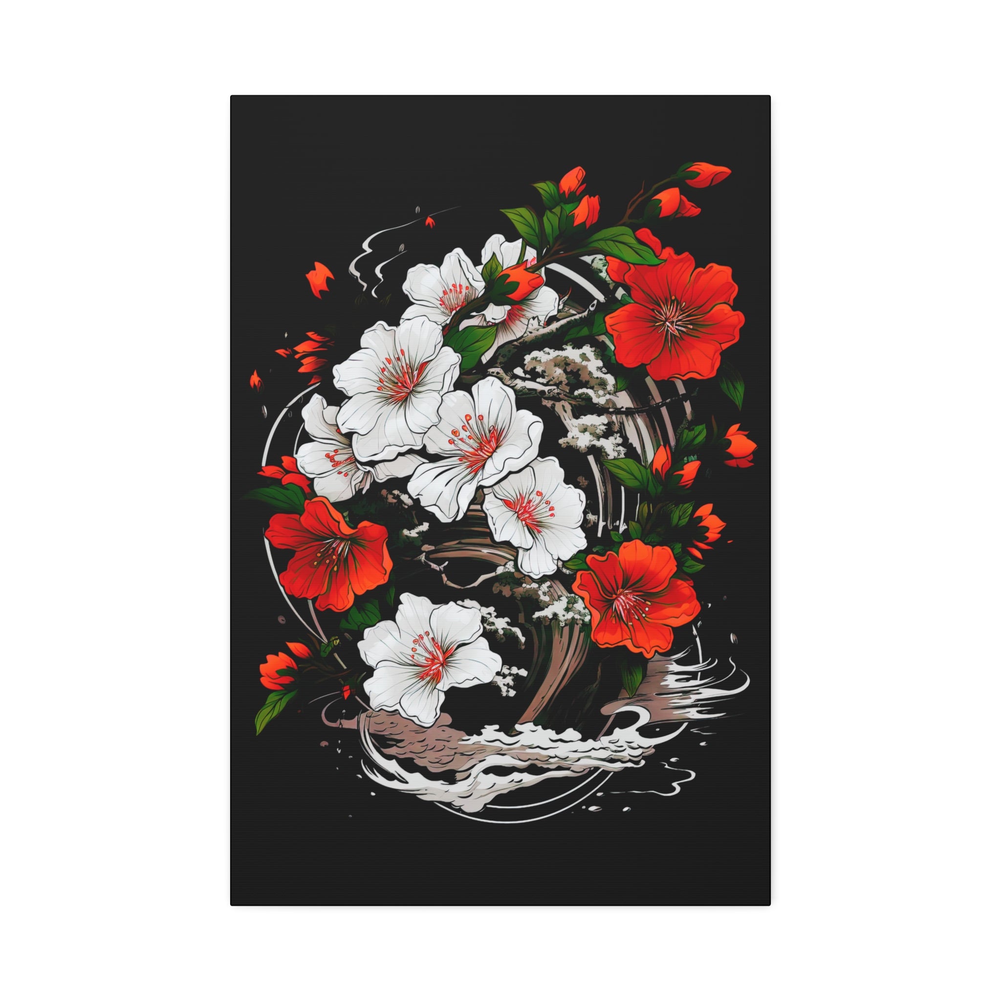Floral Yin-Yang Canvas Print — Red & White Blossoms Stretched Wall Art