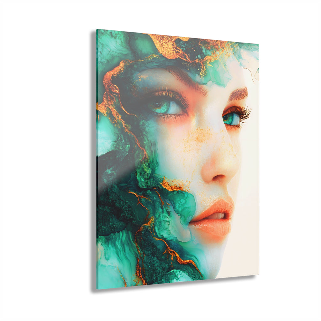 Acrylic Print — Turquoise Portrait Art with Gold Veins (French Cleat Hanging)