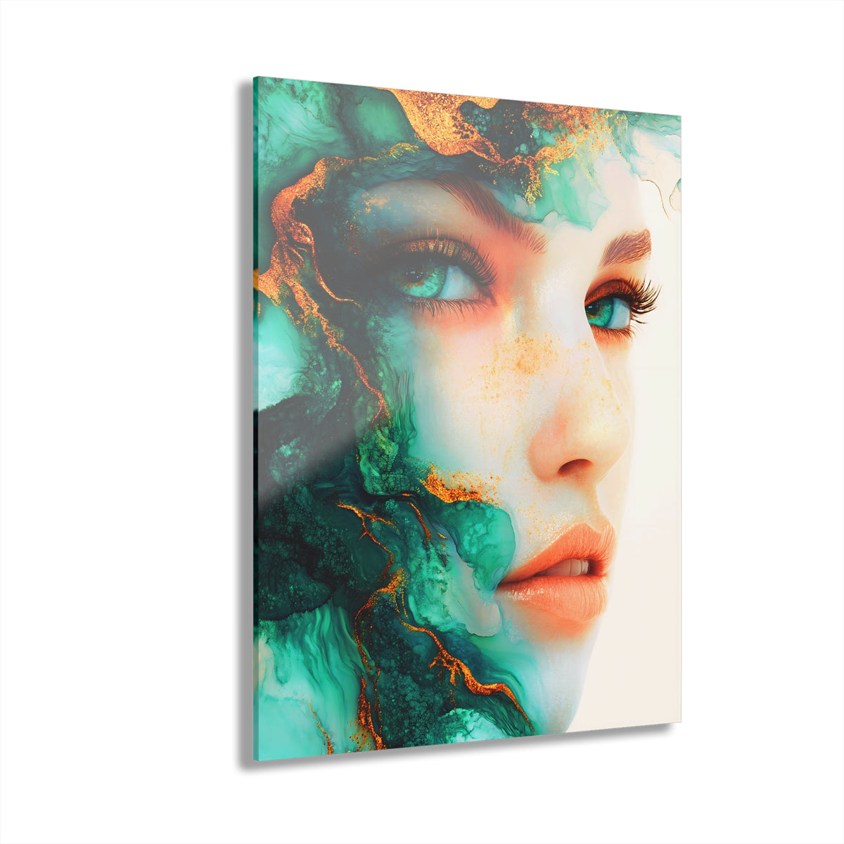 Acrylic Print — Turquoise Portrait Art with Gold Veins (French Cleat Hanging)